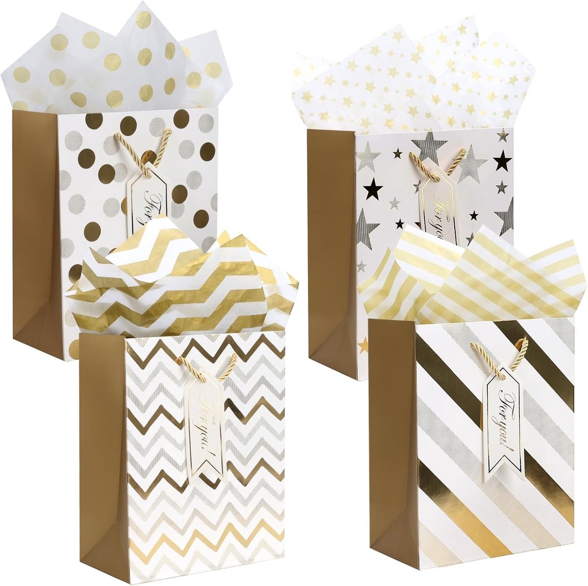 Set van 4 Cadeautassen met Handvat, Witte en Gouden Tassen met Linten voor Verjaardagen, Feestjes en Trouwerijen, 23 x 18 x 10 cm, Diverse Patronen voor Cadeaus en Winkelen