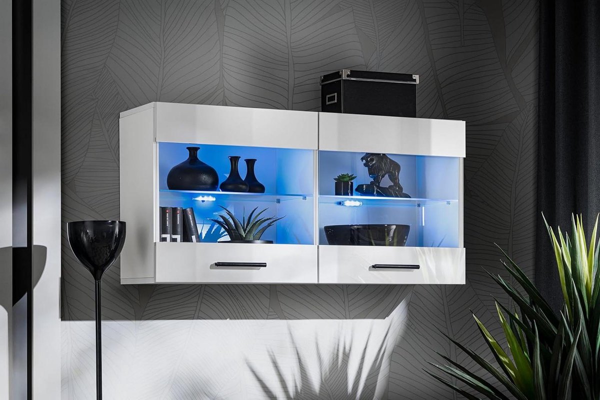 Wandvitrine Kast - Opbergkast Vitrine - Woonkamer Inrichten - Geïntegreerde Ledverlichting - 100 cm Breed - Wit