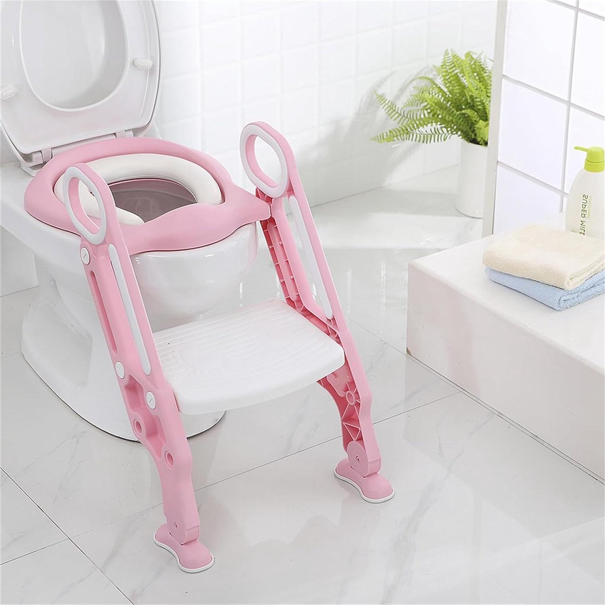 Kindertoilet met trap - Potty trainer Toiletverkleiner - Zindelijkheidstraining - Verstelbare en inklapbare trap - 41x31x23cm - Roze en wit