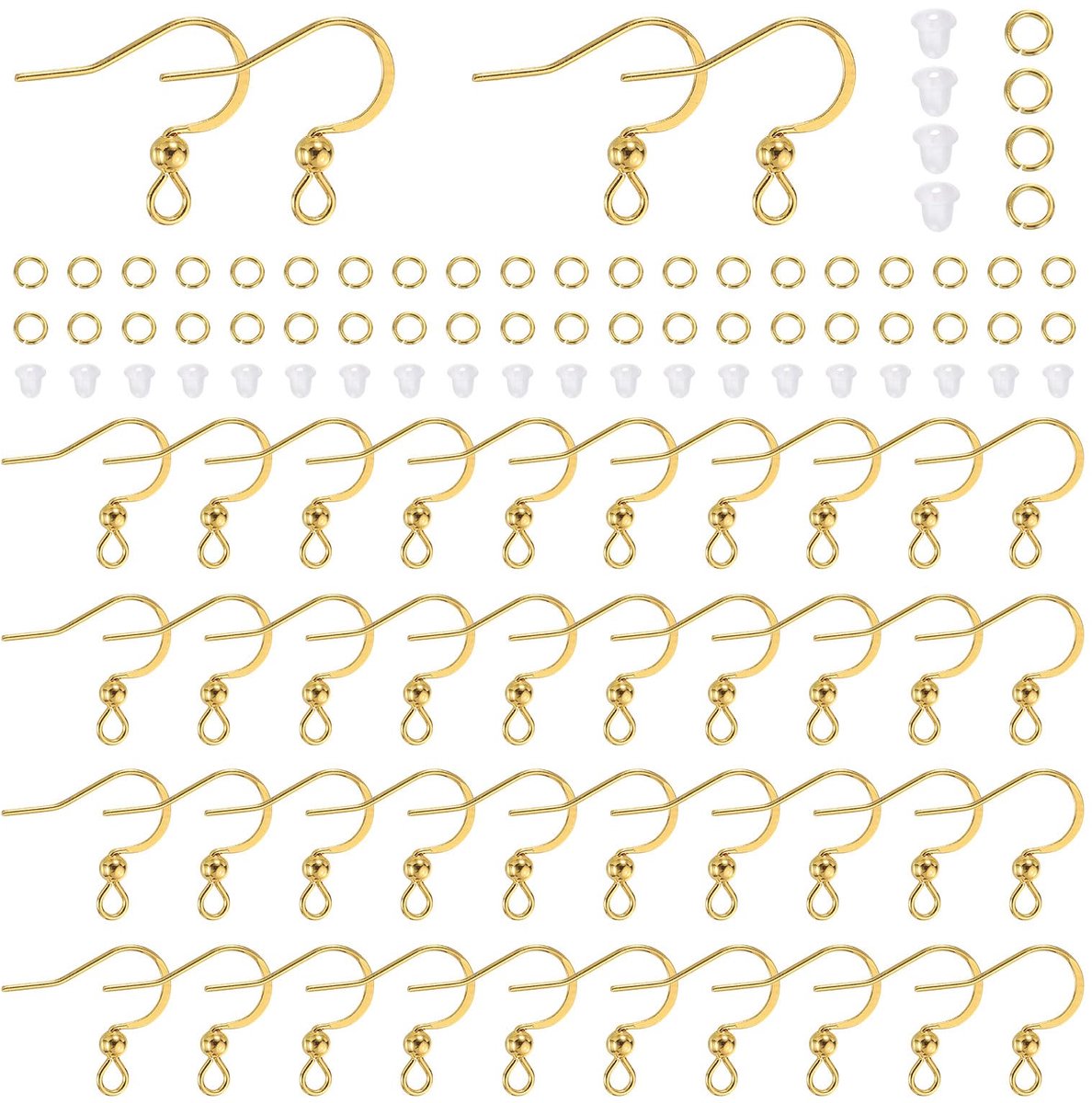 160 stuks roestvrijstalen oorhaken, Franse oorhaken, boldot-oorhaken, vishaken met springringen en heldere siliconen oordopjes voor doe-het-zelf sieraden, goud