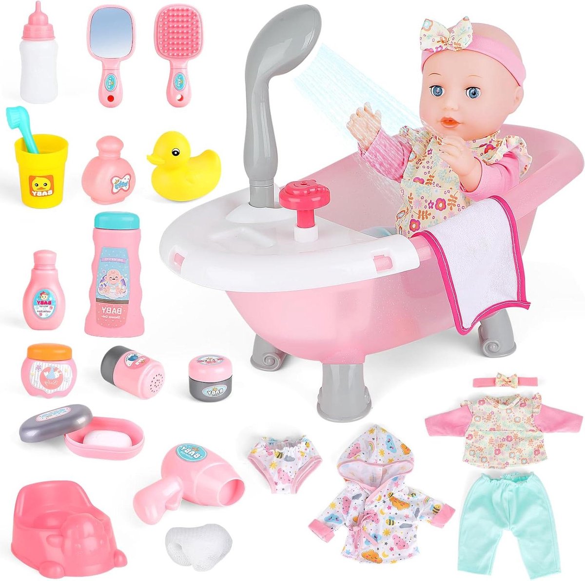 Babypop met badset - Poppenaccessoires - Badtijd spelen - Echte waterfunctie - 36 cm pop - Multicolor