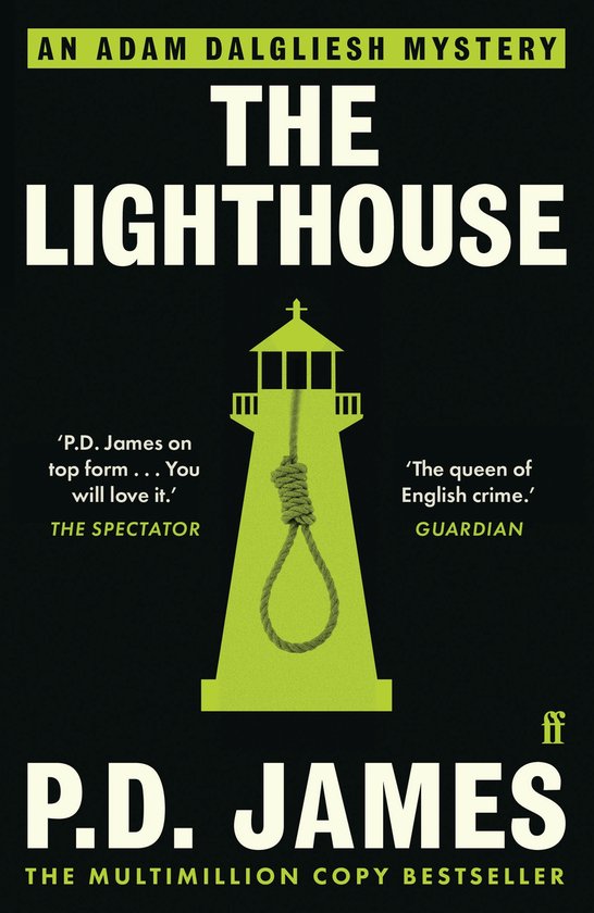 Boek 'The Lighthouse' van P.D. James. Groen fygoer van een vuurtoren met een strop.