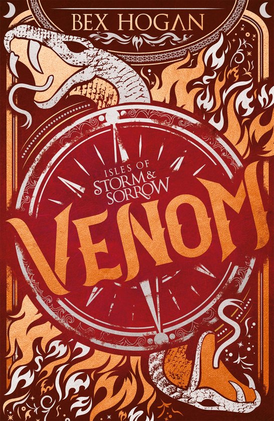 Boekomslag 'Venom' van Bex Hogan, met een slang, vlammen en de tekst 'Isles of Storm & Sorrow'.