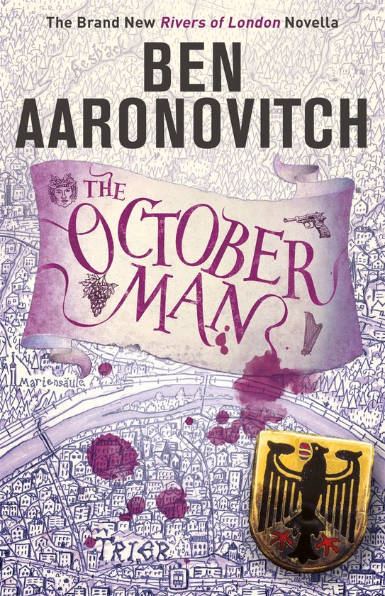 Boekcover 'The October Man' door Ben Aaronovitch. Een kaart van een stad met bloedvlekken en een schild met een adelaar.