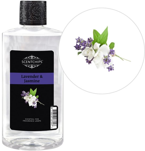 Fles geurolie Lavendel & Jasmijn met een illustratie van lavendel en jasmijn.