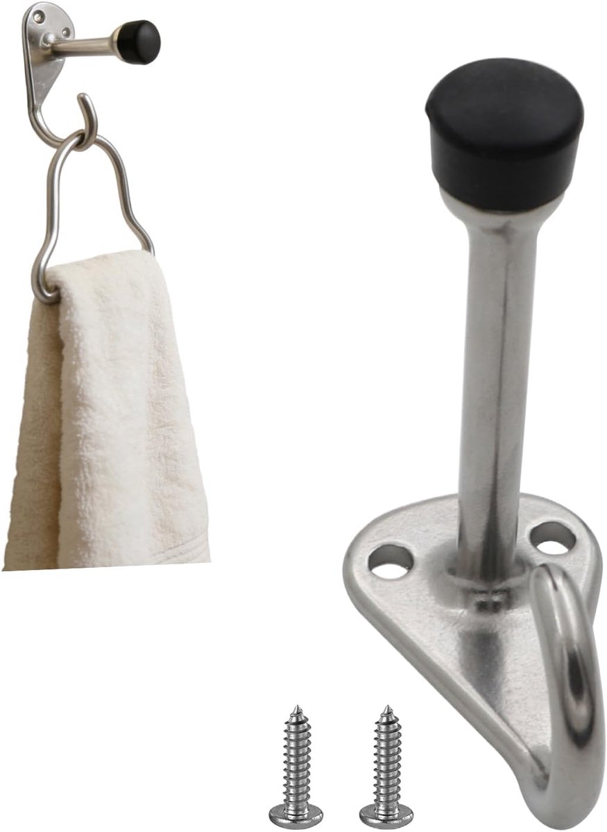 Deurstopper Haak - Deurblokker Rubber - Muren Beschermen - Roestvrij Staal - 7x4x4 cm - Zilver