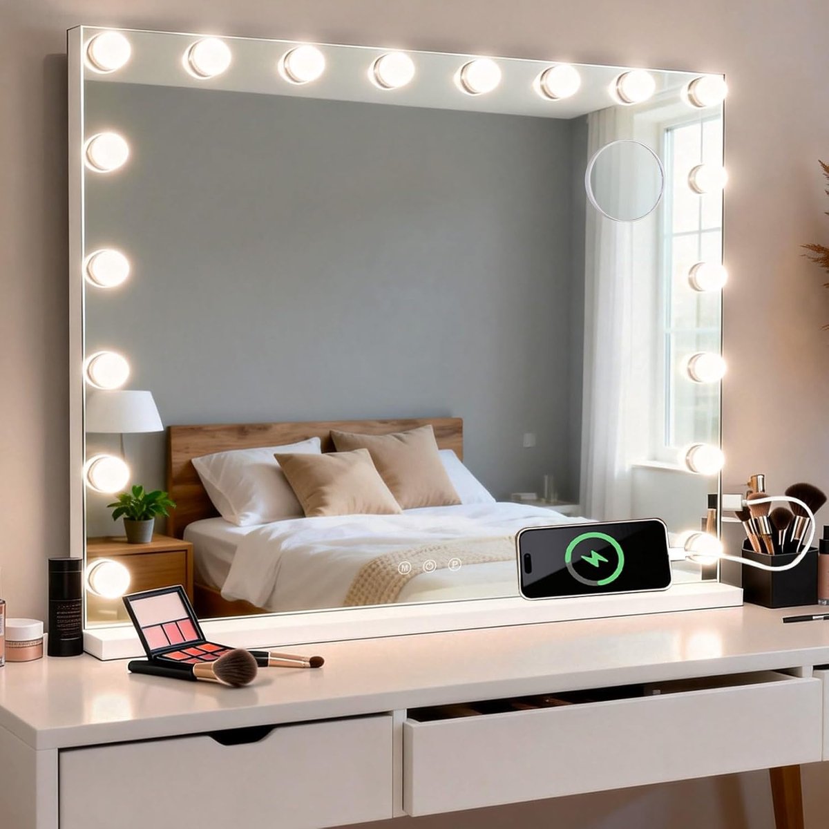 Make-up spiegel - Verlichte spiegel - Professionele make-up - 3 lichtkleuren instelbaar - 80 x 60 cm - Wit