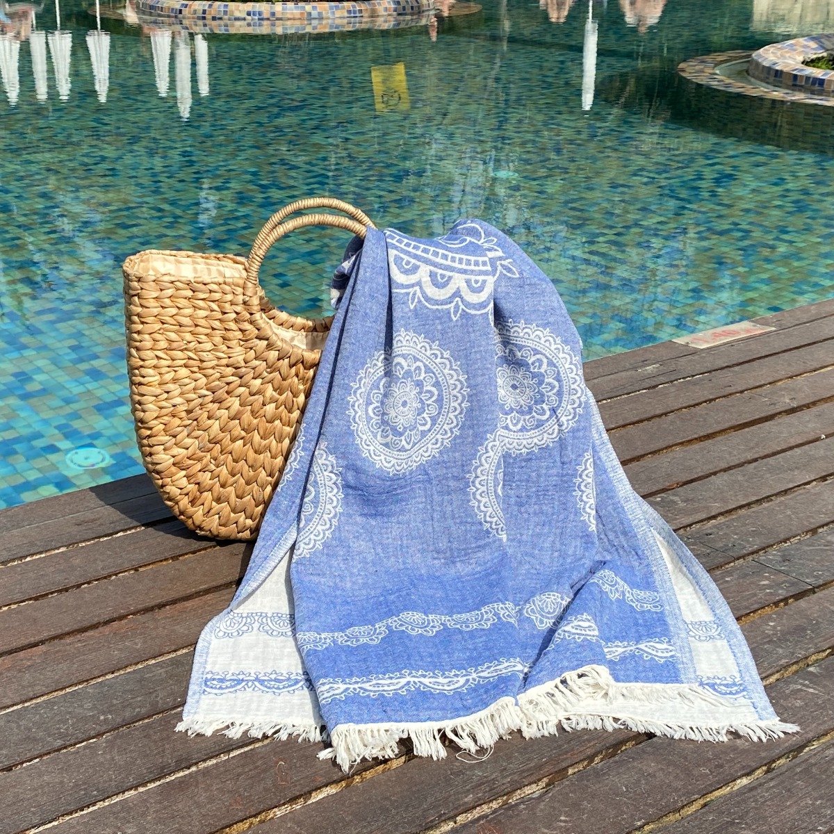Fashion4wellness Hamamdoek Bohemia Blue / FOUTA - STRANDLAKEN - SAUNADOEK - 95 x 175 CM KATOEN