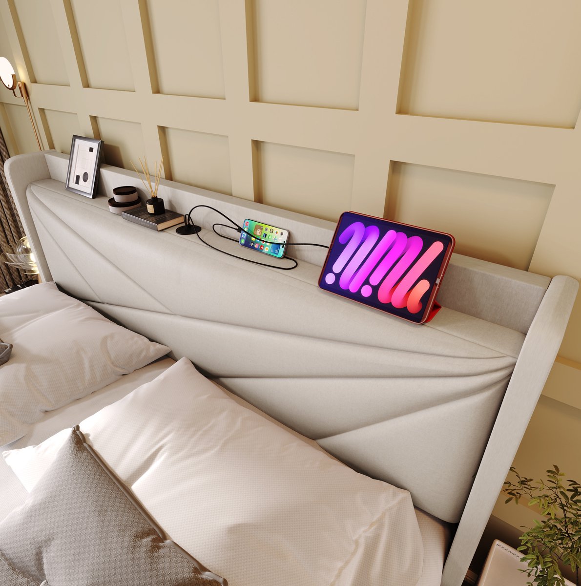 MEUNIQ tweepersoons opbergbed 160x200 cm met USB en Type-C in hoofdbord, lattenbodem, bedframe met opbergruimte en stoffen bekleding voor slaapkamer, beige