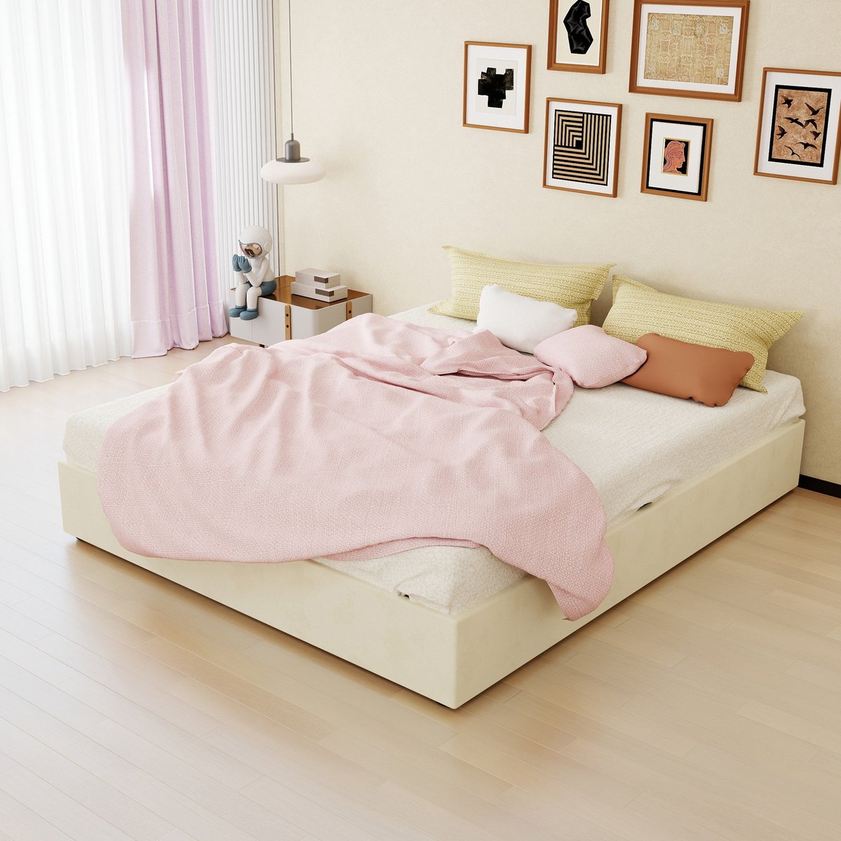 MEUNIQ bedframe 160x200 cm met gasliftpistons, beige stoffering en metalen frame, tweepersoons normaal bed voor slaapkamer, zonder hoofdbord en zonder matras