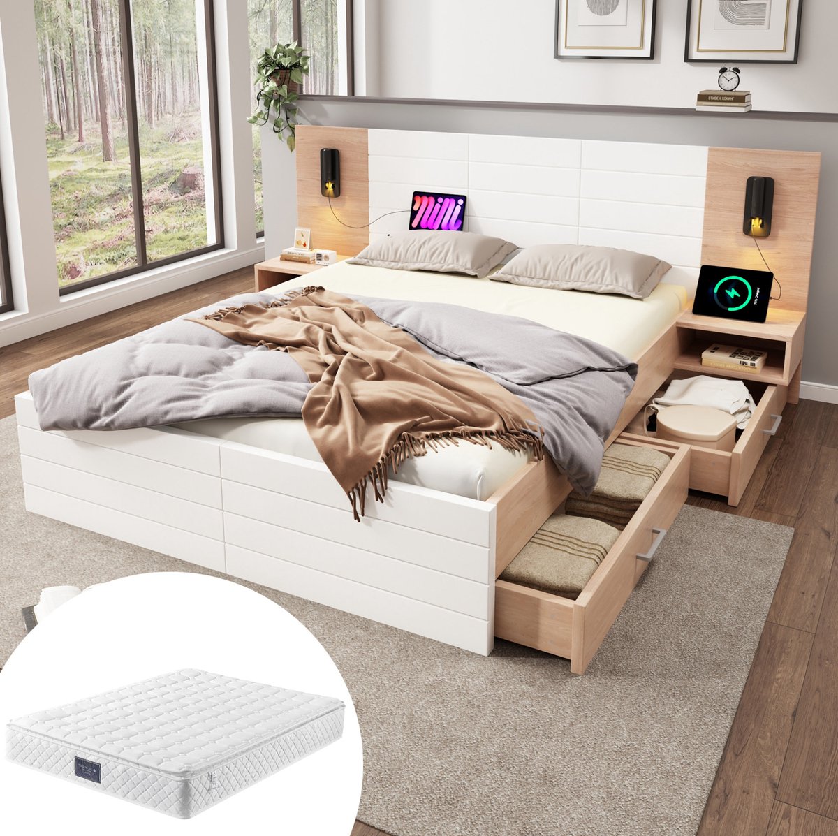 MEUNIQ tweepersoons bed 140x200 cm met lattenbodem, 2 lades, leeslamp en USB, bedframe met