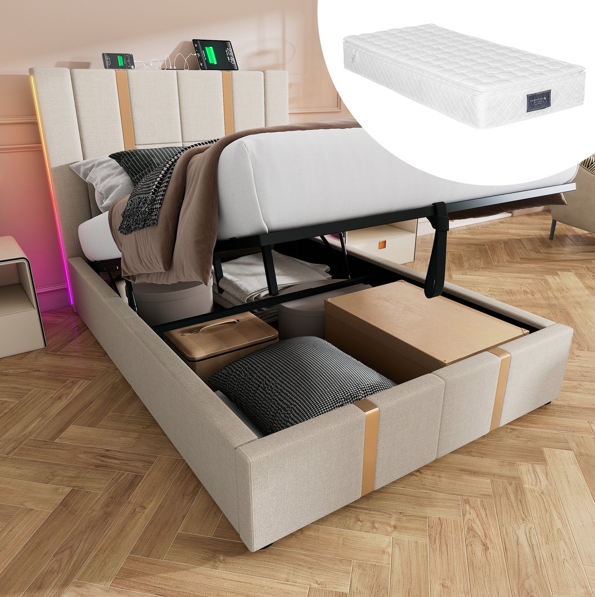 MEUNIQ gestoffeerd eenpersoonsbed 90x200 cm met opbergruimte, lattenbodem, USB en Type-C, APP-gestuurde LED-verlichting, bedframe voor slaapkamer, beige