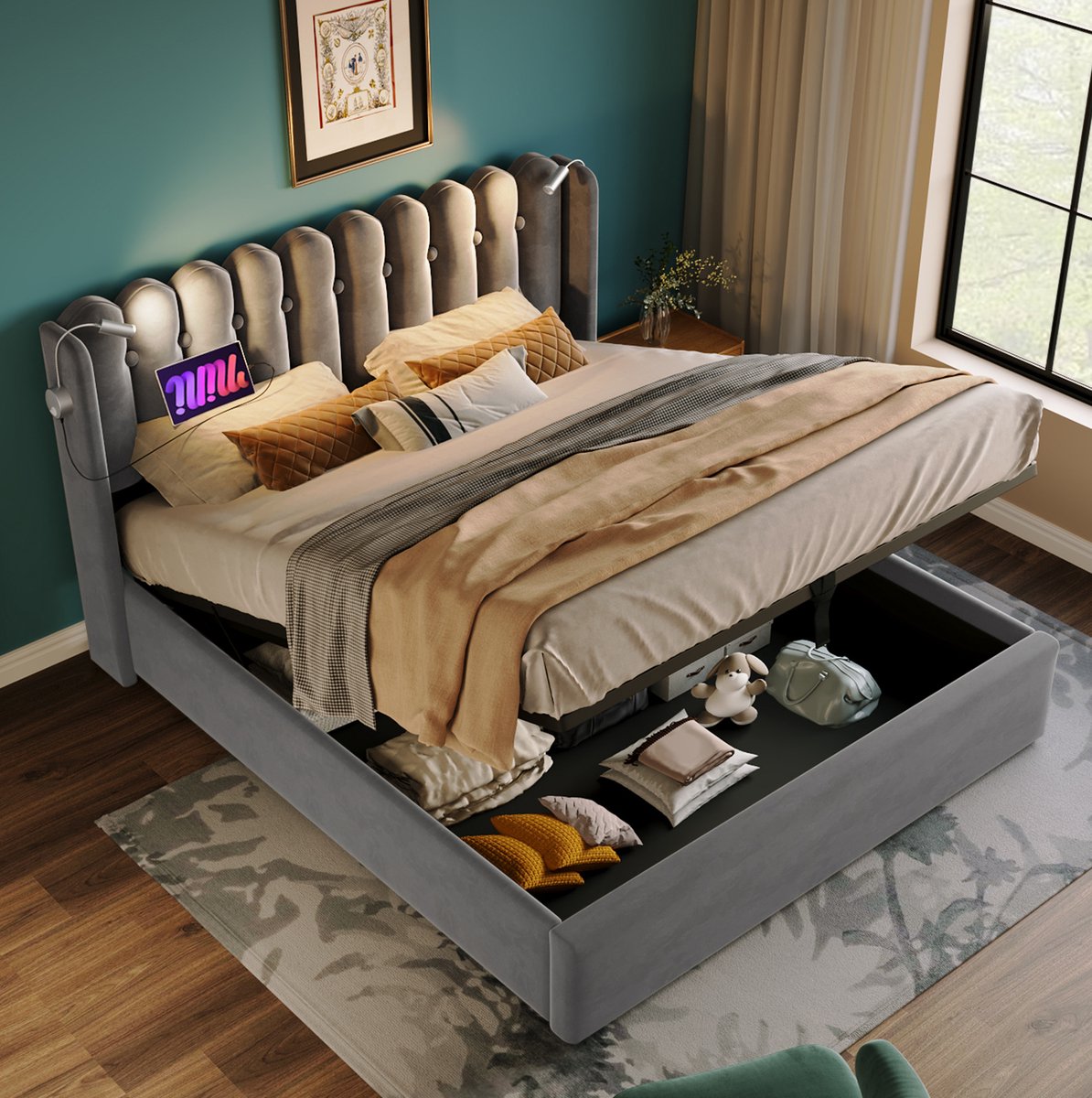 MEUNIQ gestoffeerd tweepersoonsbed 140x200 cm met lattenbodem, opbergruimte, leeslampen en