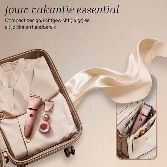 Roze ladyshave met accessoires in een koffer en in een handtas. Compact en lichtgewicht ontwerp.