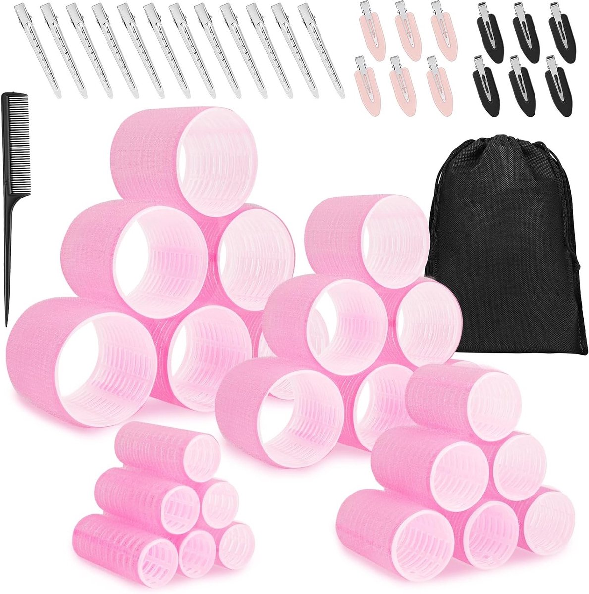 50 Stuks Haarrollers met Clips, Zelfklevende Haarrollers Set met 4 Maten, Inclusief Duckbill Clips, Opbergtas en Kam voor Gezonde Krullen zonder Hitte