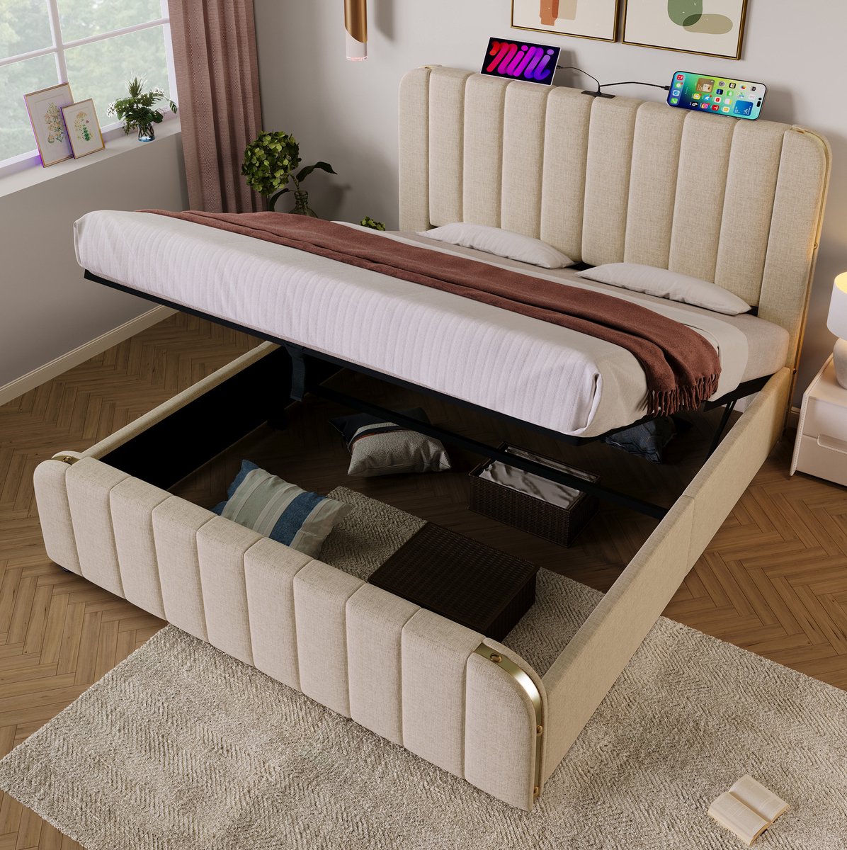 MEUNIQ gestoffeerd tweepersoonsbed 140x190 cm met hydraulische opbergruimte, USB en Type-C, LED, lattenbodem en beige linnenlook voor de slaapkamer