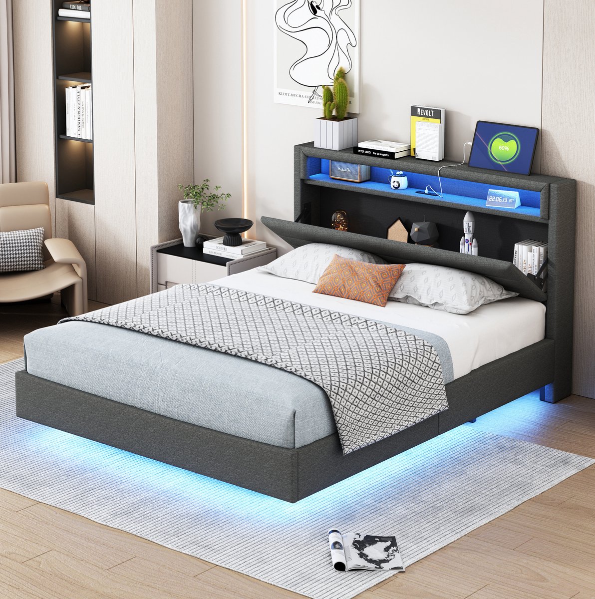 MEUNIQ gestoffeerd bed 140x200 cm met USB-aansluiting, LED-verlichting, opklapbaar hoofdeinde met opbergruimte, lattenbodem en verborgen poten, grijs