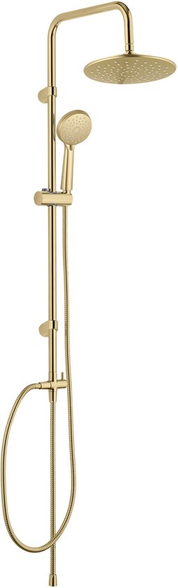 Gouden doucheset met regendouche, handdouche, doucheslang en verstelbare stang.