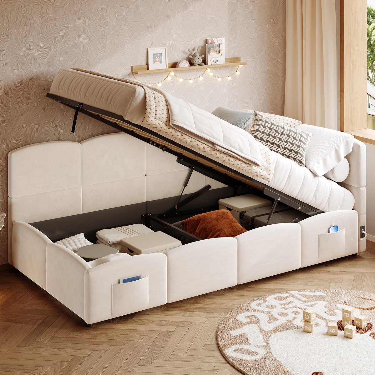 MEUNIQ slaapbank 90 x 200 cm met lattenbodem, hydraulische opbergruimte, USB-aansluiting en opbergzakken, beige voor slaapkamer
