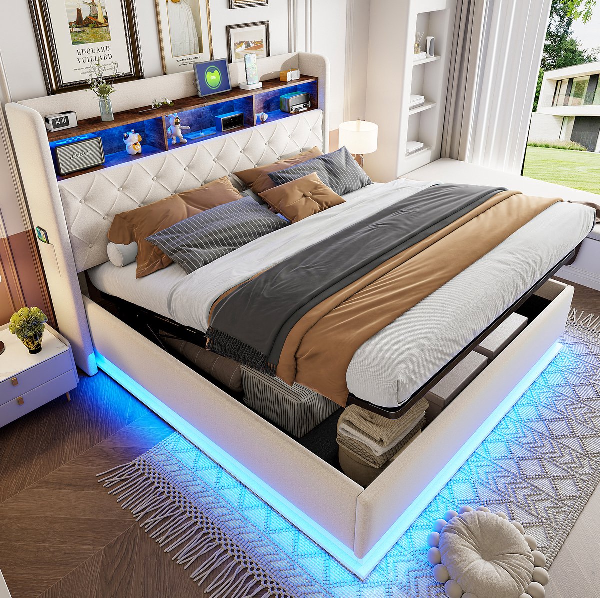 MEUNIQ gestoffeerd bed 180 x 200 cm met LED-verlichting, USB-aansluiting en hydraulische opbergruimte, tweepersoons bed voor slaapkamer, beige