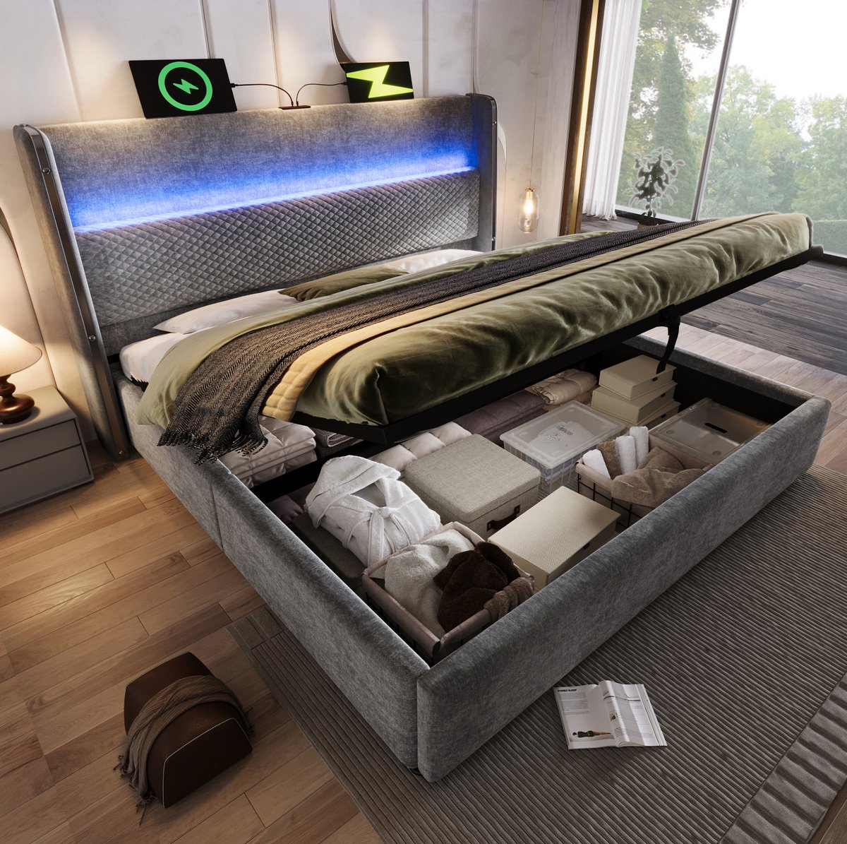 MEUNIQ gestoffeerd tweepersoons bed 180x200 cm met opbergruimte, hoog hoofdbord, LED-verlichting, USB en Type-C, bedframe voor slaapkamer, grijs