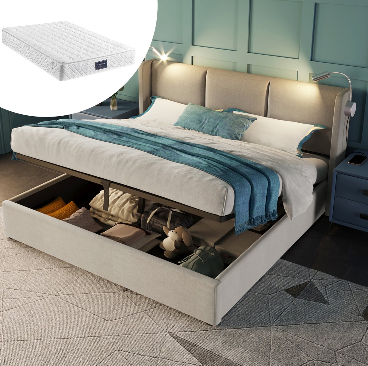 MEUNIQ gestoffeerd tweepersoons bed 160x200 met opbergruimte, lattenbodem, leeslamp en USB