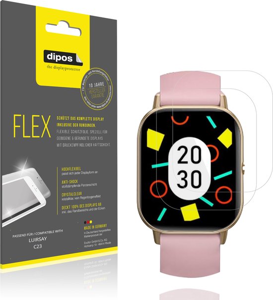 Verpakking en gouden smartwatch met roze band. De verpakking toont "FLEX", "100% Passend", "Made in Germany" en een smartwatch met beschermfolie.