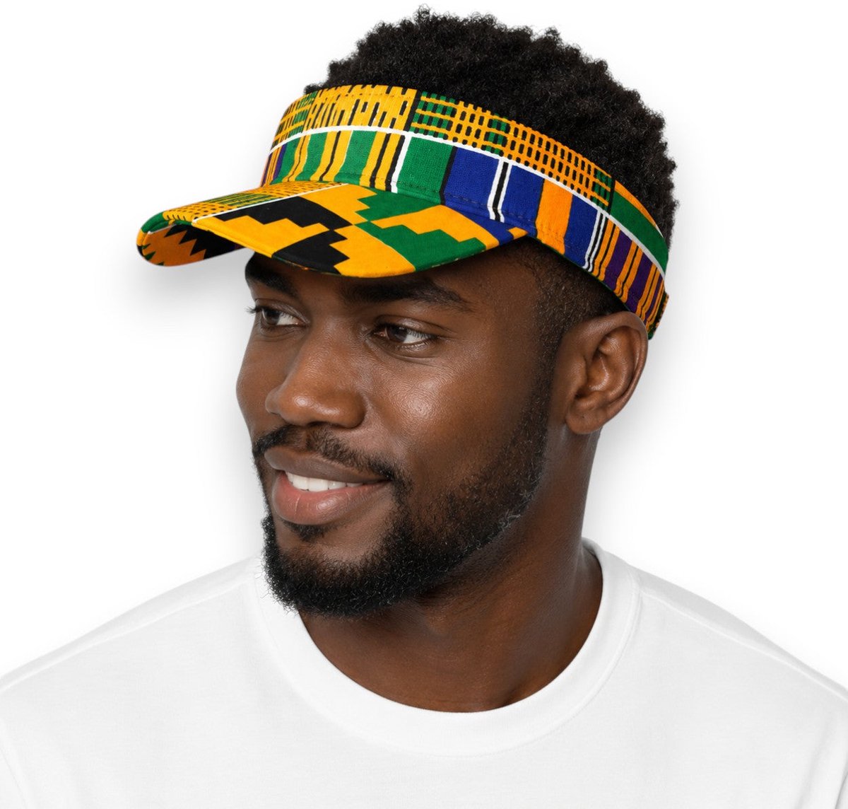 Zonneklep / Pet met Afrikaanse print - Zonnecap - Zomerpet - Sun visor - Geel Blauw Kente Blocks
