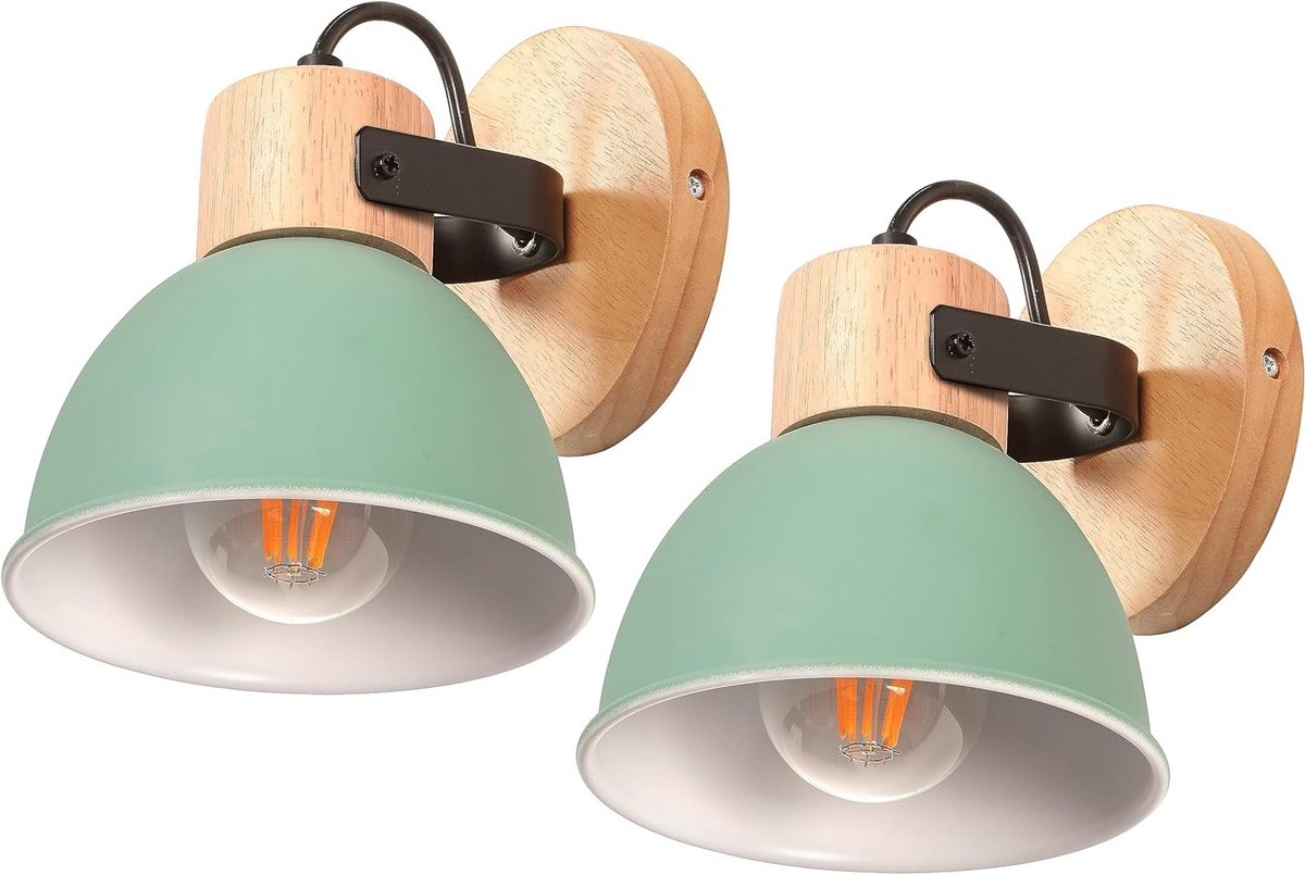 Set van 2 Retro LED Wandlampen 15 cm - Industrieel Hout en IJzer Vintage Verlichting voor 