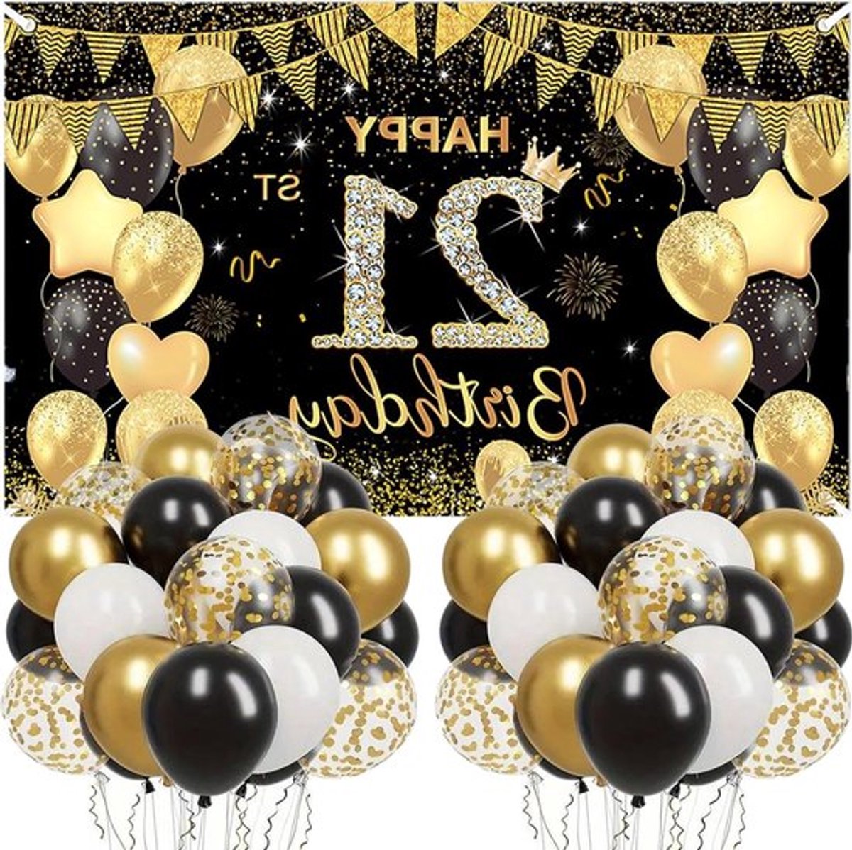 Happy 21e verjaardag banner, zwart-goud, 30 stukken