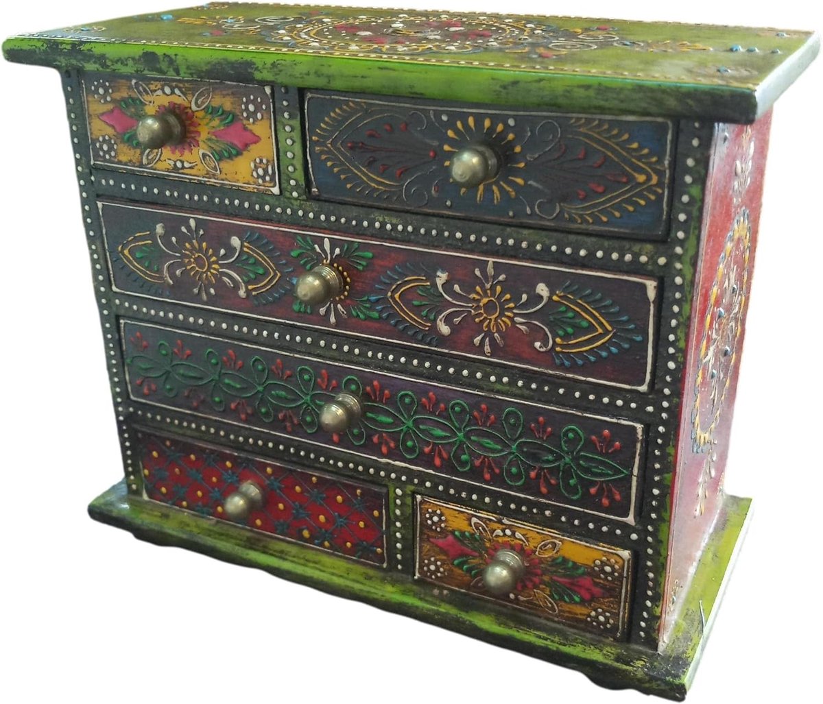 Houten Sieradendoos - Opbergdoosje Decoratief - Sieraden Opbergen - Handgeschilderd Design - 21.6 cm Breed - Multicolor