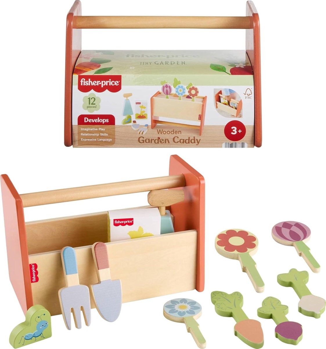 Fisher-Price houten tuin gereedschap speelgoed set voor kinderen.
