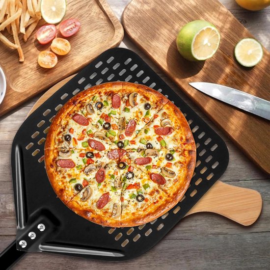 pizzaschep, 39 x 30 cm, geperforeerd, antiaanbaklaag, pizzaschep van hard geanodiseerd aluminium voor pizza, brood, zelfgemaakte pizzaschep, 82 cm in totaal — afbeelding 4