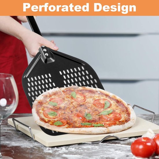 pizzaschep, 39 x 30 cm, geperforeerd, antiaanbaklaag, pizzaschep van hard geanodiseerd aluminium voor pizza, brood, zelfgemaakte pizzaschep, 82 cm in totaal — afbeelding 3