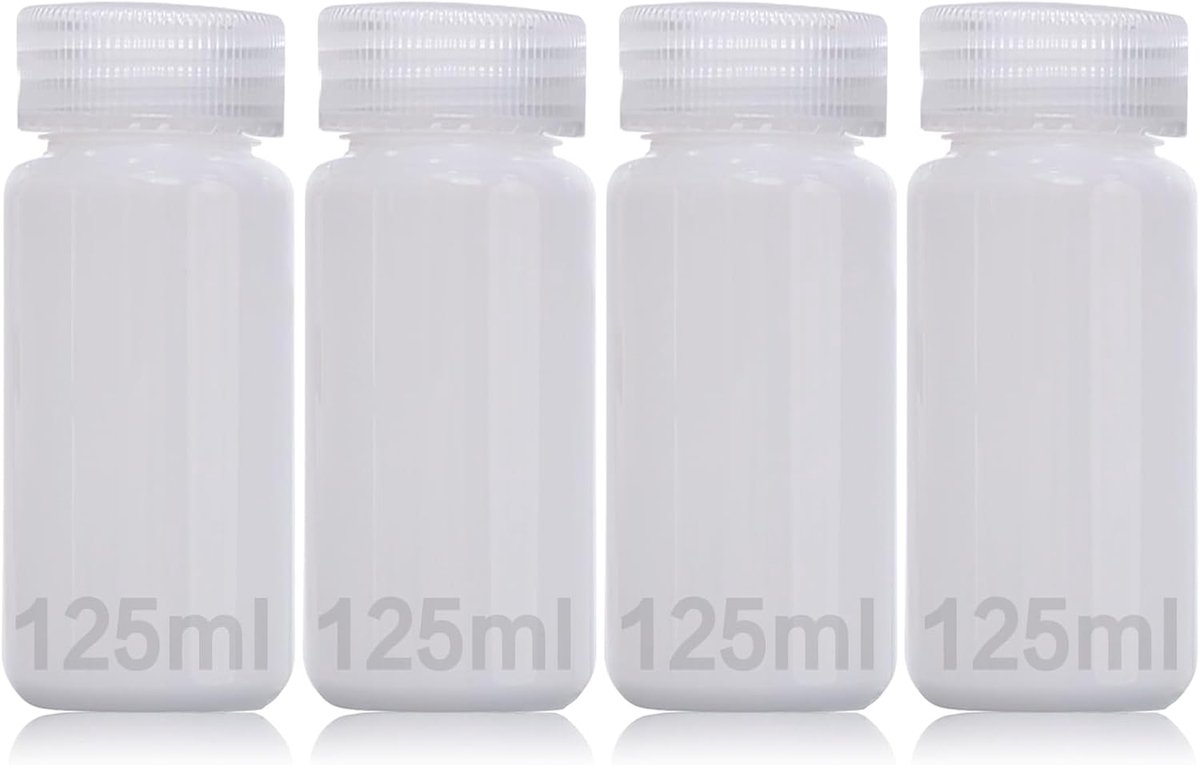 4 stuks flessen met brede hals, kunststof, 125 ml, lege laboratoriumfles, lekvrij, transparant, van HDPE-fles met brede opening voor pillenflessen, watermonsterflessen