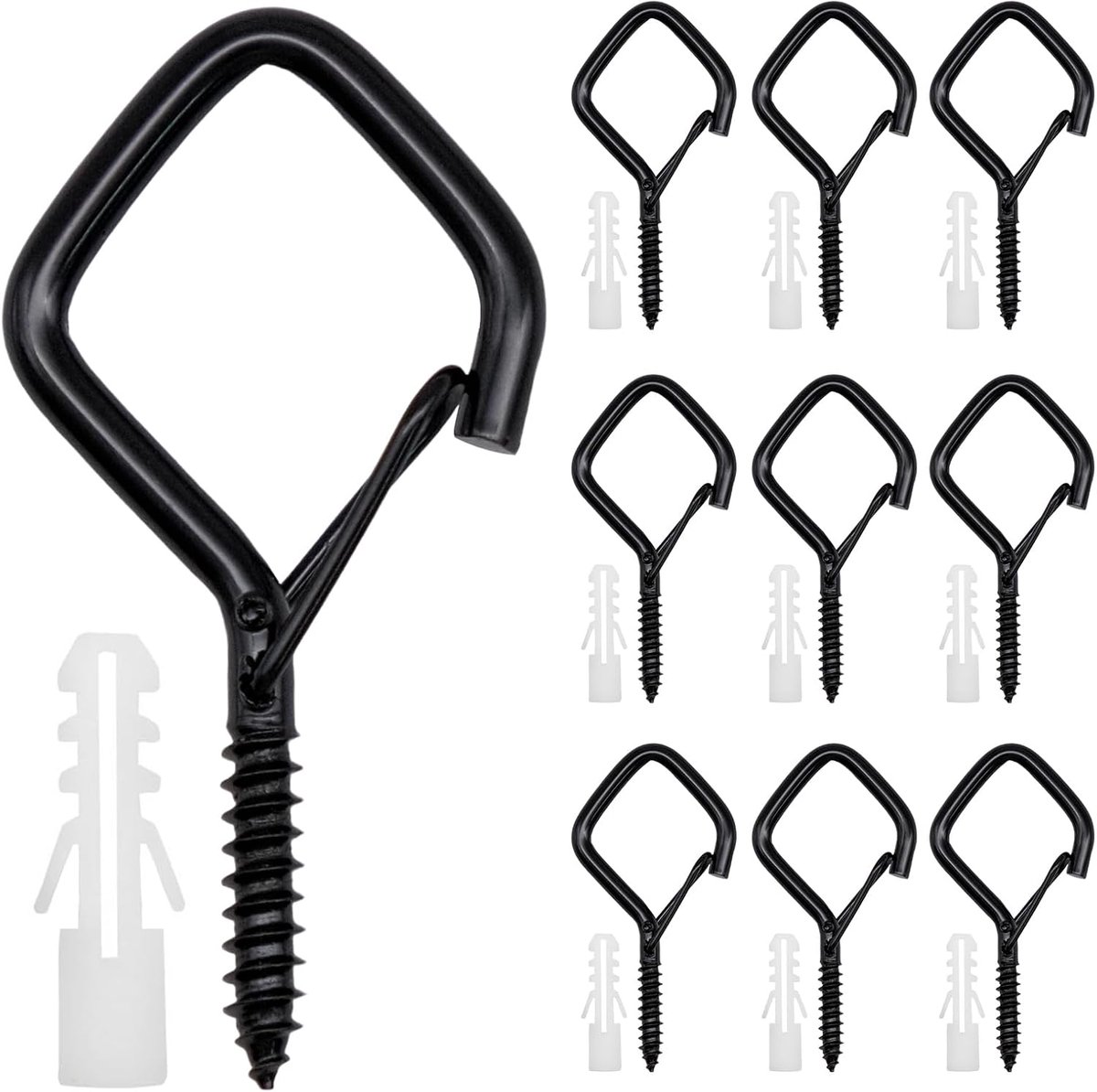 Haken met zekering, zwart, roestvrij staal, schroefhaken, roestvrij, stabiele plafondhaken, wandhaken voor planten, lichtketting, mokken, decoratie, binnen en buiten