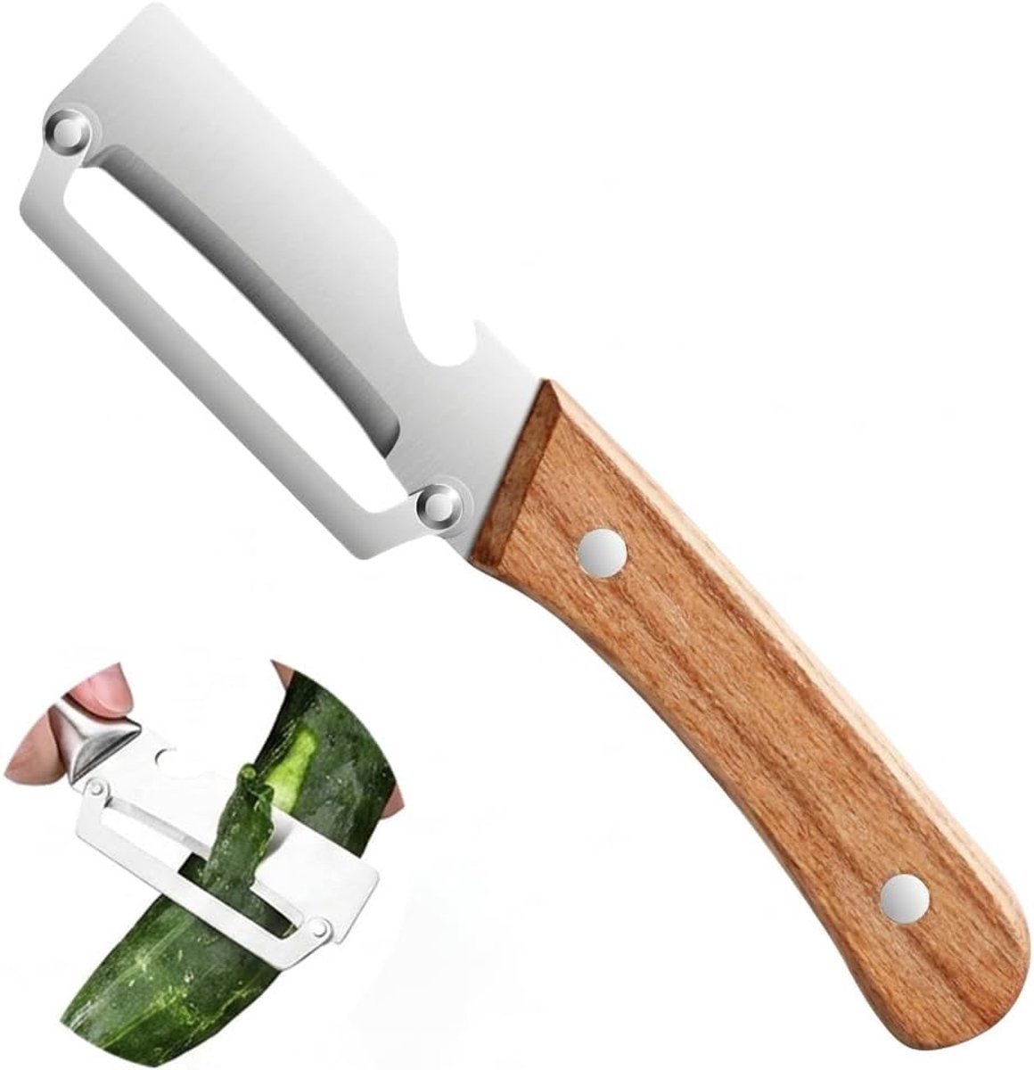 dunschiller, met houtachtige antislip handgrepen en flesopener, groenteschiller, roestvrij staal, suikerrietschilder, vaatwasmachinebestendig, voor fruit, keuken, groenten, julienne