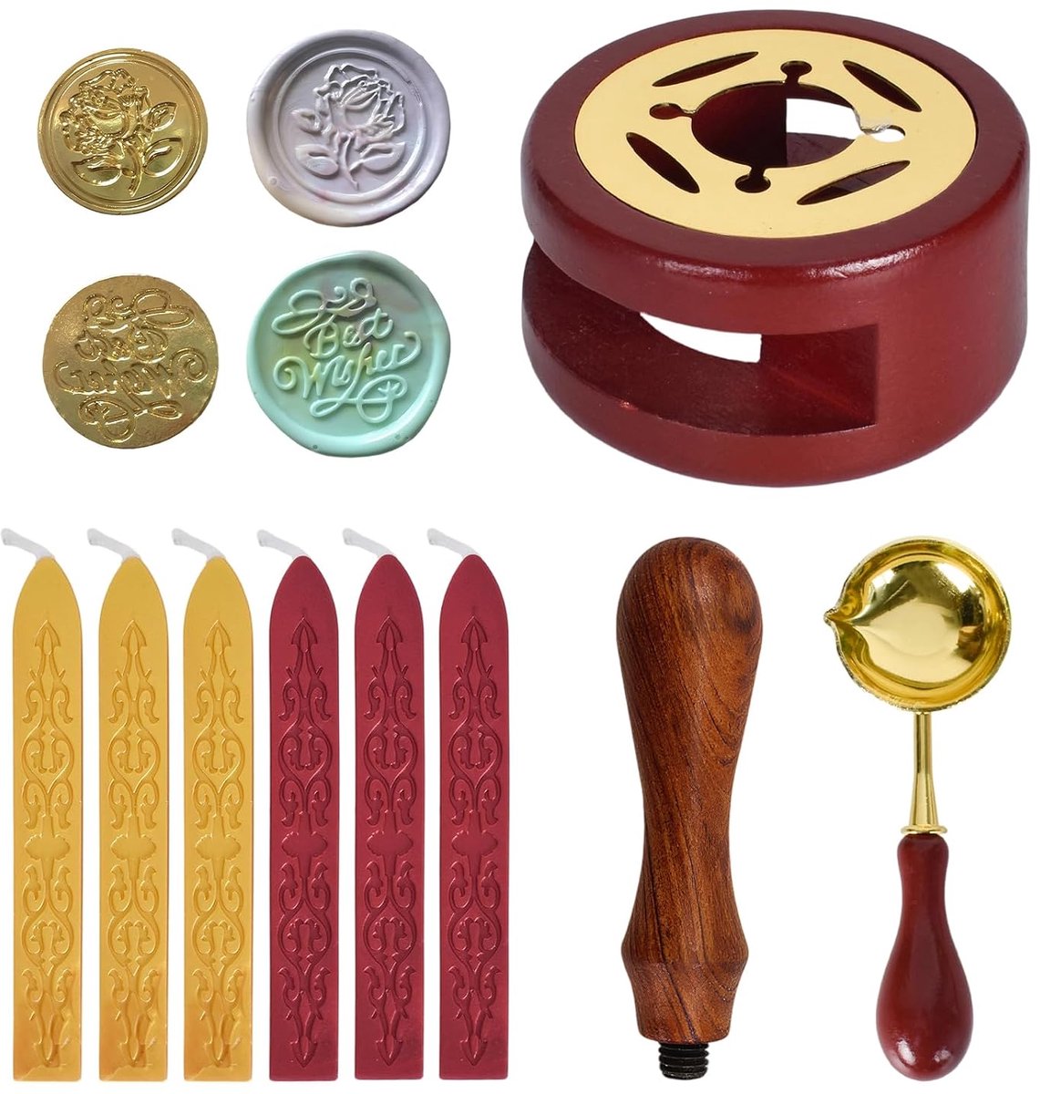waszegelstempelset, zegellakset met 6 zegelwas, 2 zegelstempels, 1 smeltlepel, 1 waszegelwarmer, veelzijdige en creatieve zegelwas voor enveloppen, uitnodigingen, kaarten, cadeau