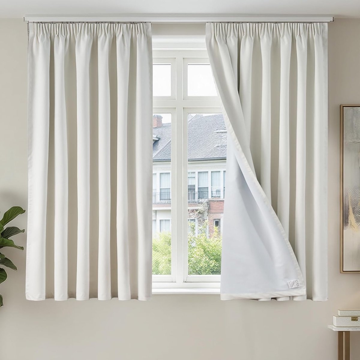 Gordijnen met plooiband, verduisteringsgordijnen, 100% ondoorzichtig, thermogordijn, 145 x 140 cm (h x b), voor woonkamer, slaapkamer, linnenlook, landhuisstijl, set van 2, wit