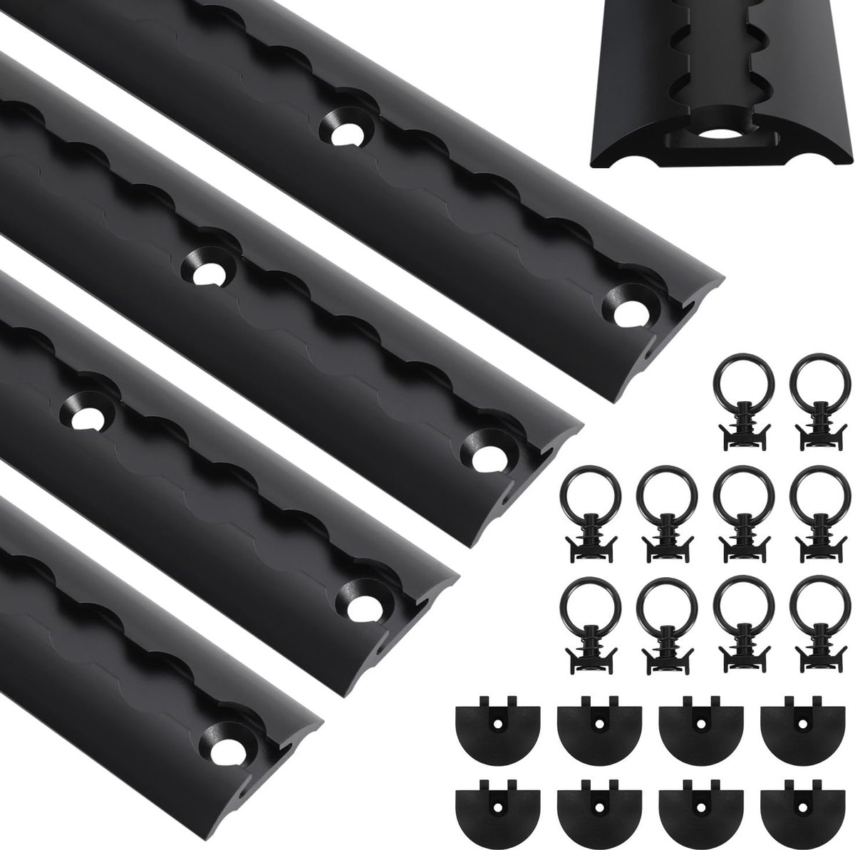 4 x 1 m, airline-rail, halfrond, met 10 sjorogen en 8 eindkappen, zwarte airline-rail, accessoires, voor aanhanger, auto, vrachtwagen, camper, airline-rail
