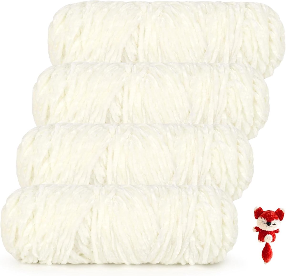 Samt Chenillewol voor haken, 400g (4x100g) fluweelachtig Chenillegaren, super pluizige dikke wol voor breien, zachte fluwelen chenillewol voor sjaal, deken, trui - Melkwit