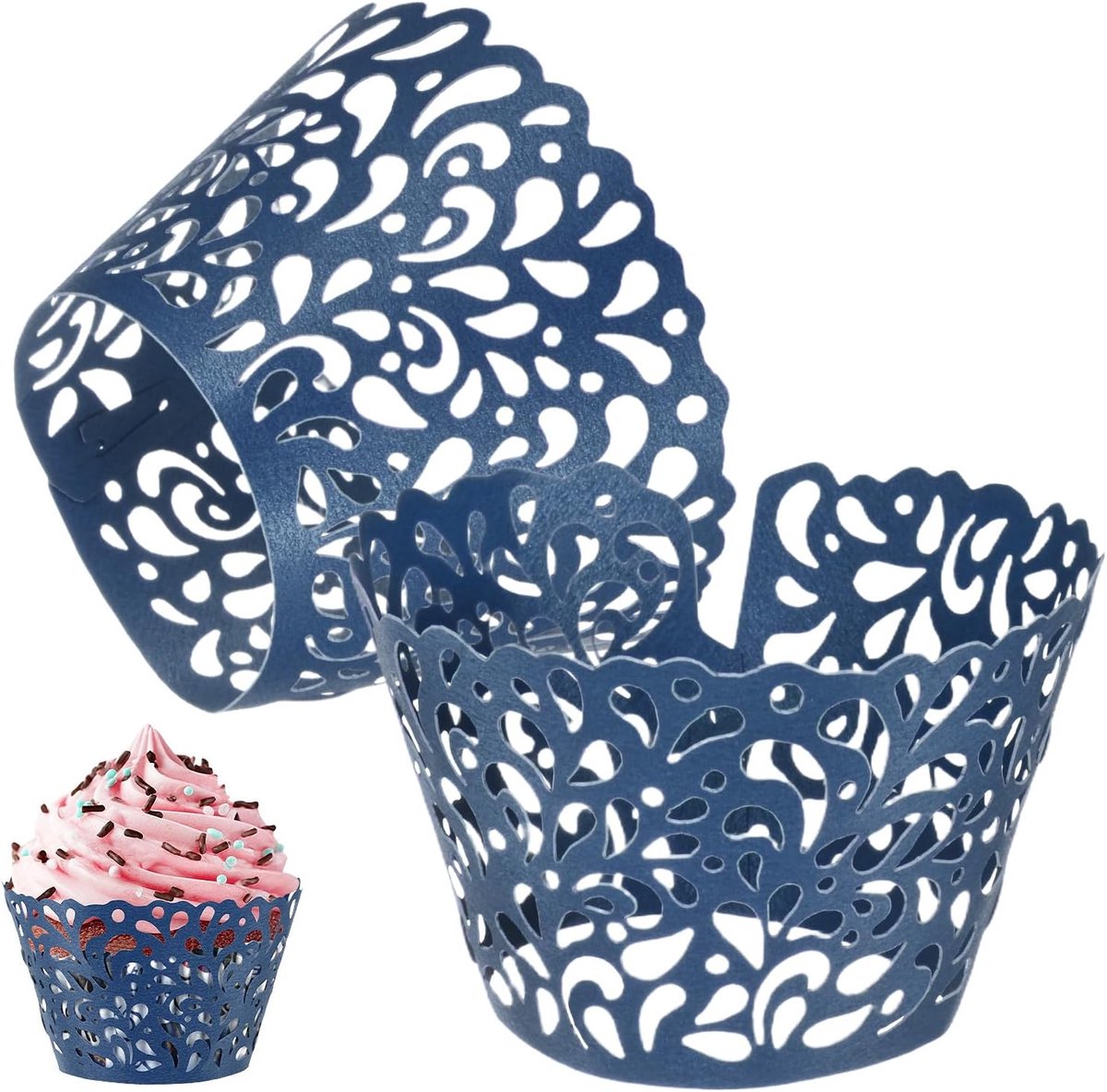 METERXITY 50 stuks cupcake-wikkels, parelmoer kunstpapier, waterdruppel kant holle cupcake-voeringen voor bruiloft/verjaardagsfeestje decoratie, bakpapier voor cake [marineblauw]