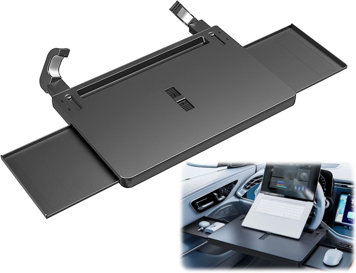 3-in-1 clip-on stuurwieltafel voor de auto, met intrekbare planken links en rechts en krasbestendige groef op het stuur, multifunctioneel auto-eetdienblad voor reizen/lange afstanden