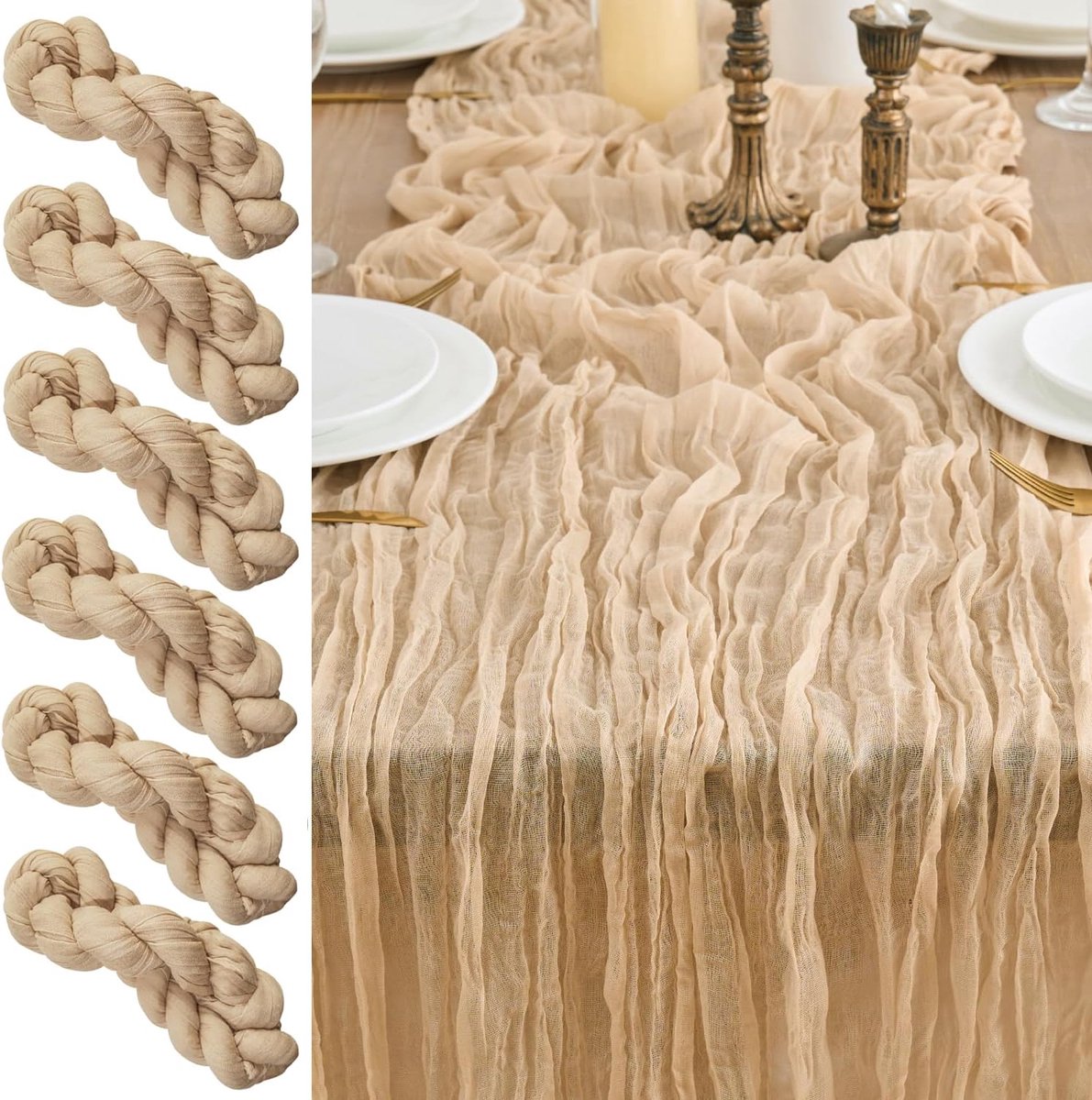 Tafellopers, 2 stuks, kaasdoek, boho-gaas, kaasdoek, rustiek tafelkleed voor bruiloftsdecoratie, tafeldecoratie, 90 x 300 cm (donkerbeige, 90 x 300 cm, 6 stuks)