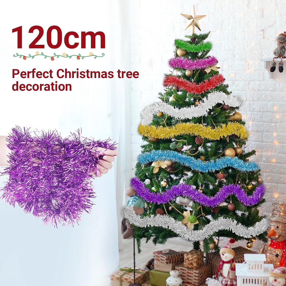 Kerstboom, 4 stuks × 2 m, kerstslinger, 8 m, kerstdecoratie, lametta-slinger in goud, blauw, groen, wit, kerstboomdecoratie voor binnen en buiten (zilveren klokken) – foto 6