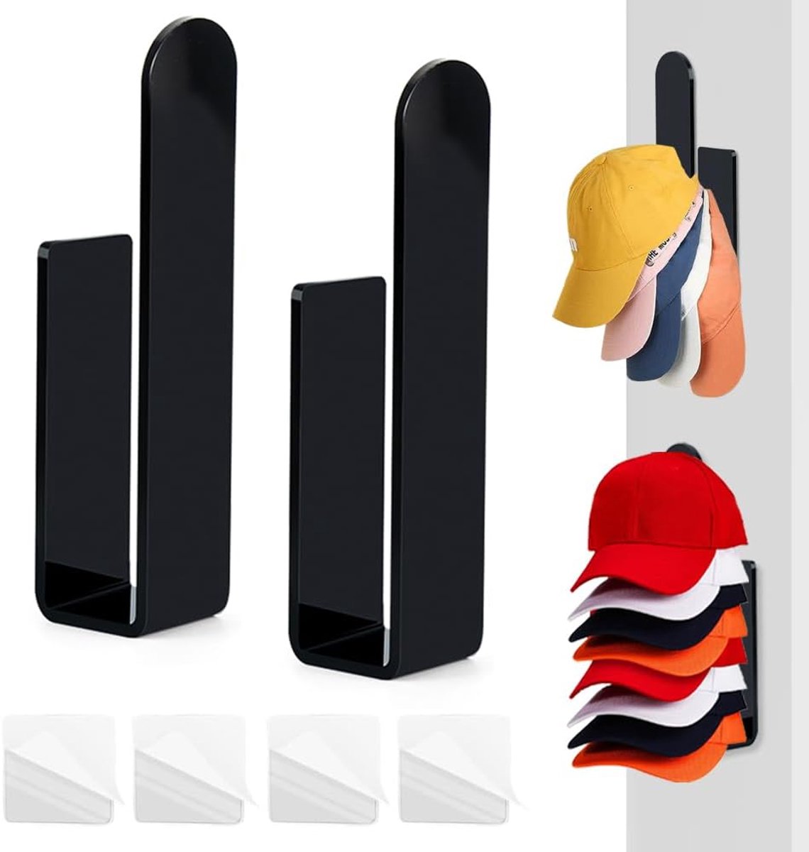 2 stuks wandmutshouders, hoed-organizer voor heren, acryl, honkbal, hanger, L-vormige hoed-organizer, geen boren nodig voor muur, kast, deur, slaapkamer