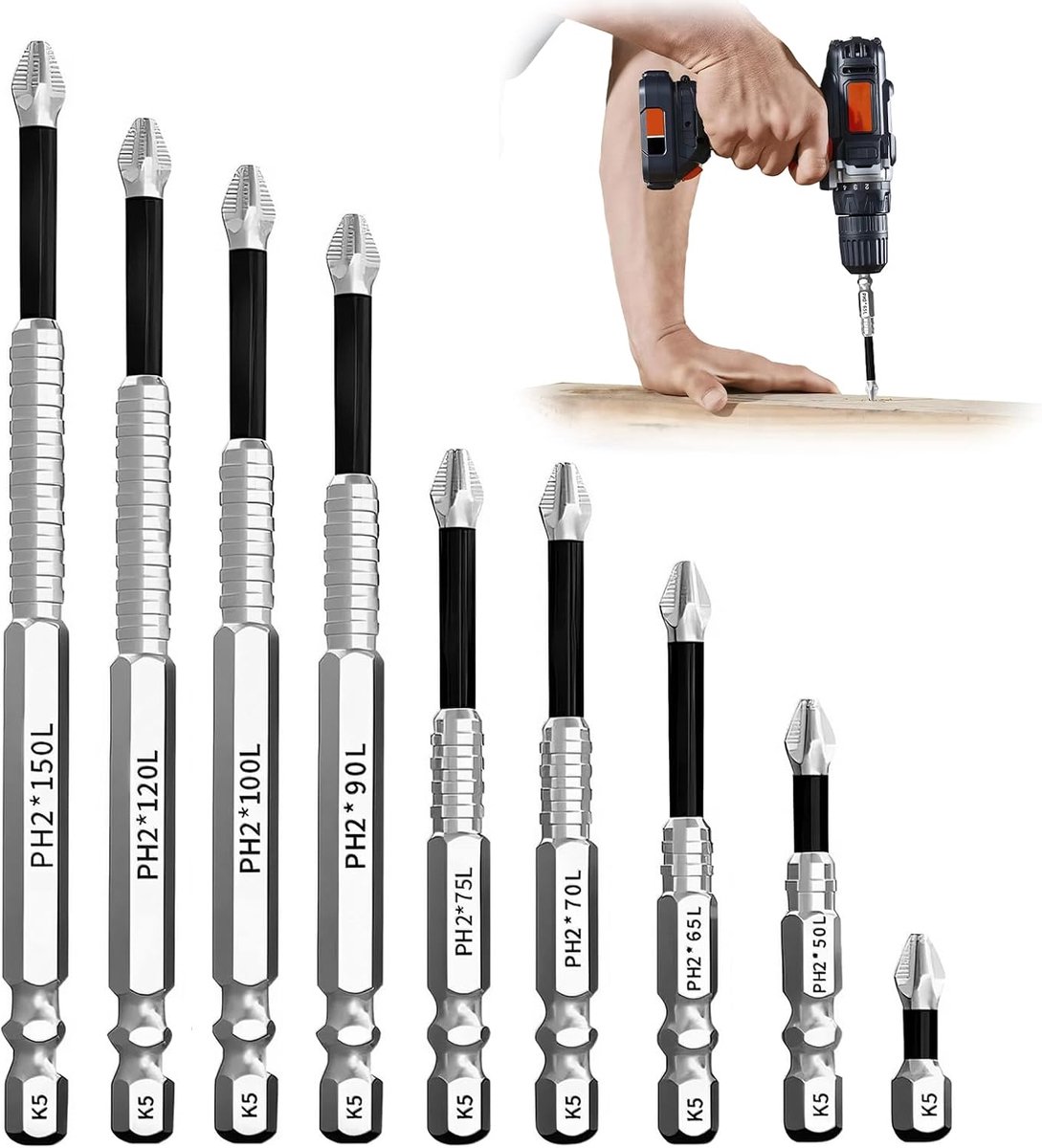 9-delige schroevendraaierbitset, magnetisch, slagvast, Phillips-bits, antislip, van chroom-vanadium-staal voor elektrische boormachines (25, 50, 65, 70, 75, 90, 100, 120, 150 mm)