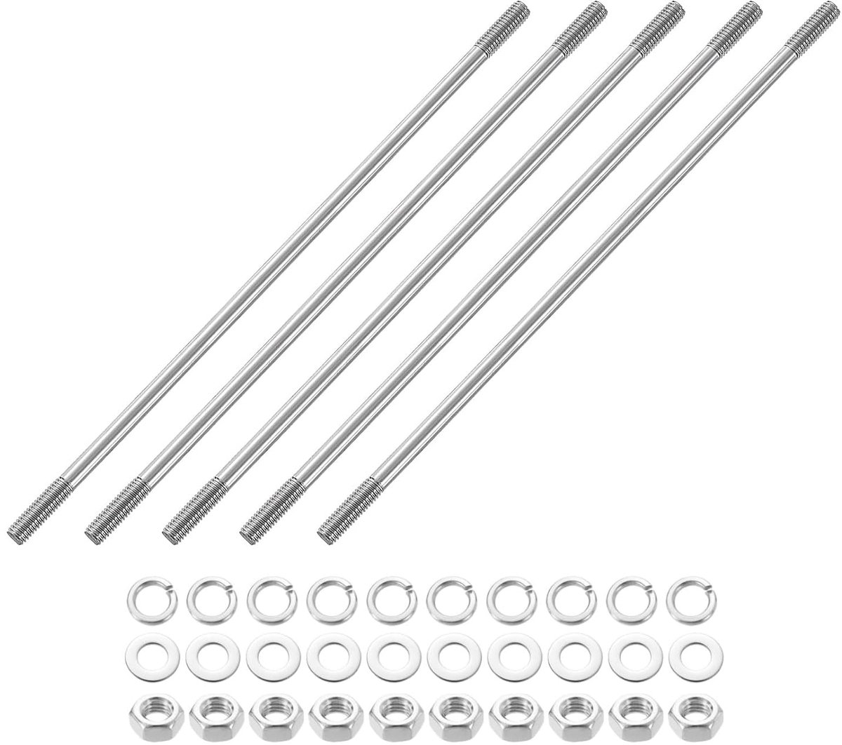 Dubbelzijdige schroefdraadstangen, M6 x 200 mm, 304 roestvrij staal, dubbele schroefdraadbouten met moeren en platte en borgringen, dubbelzijdig, voor huisonderhoud, 5 stuks
