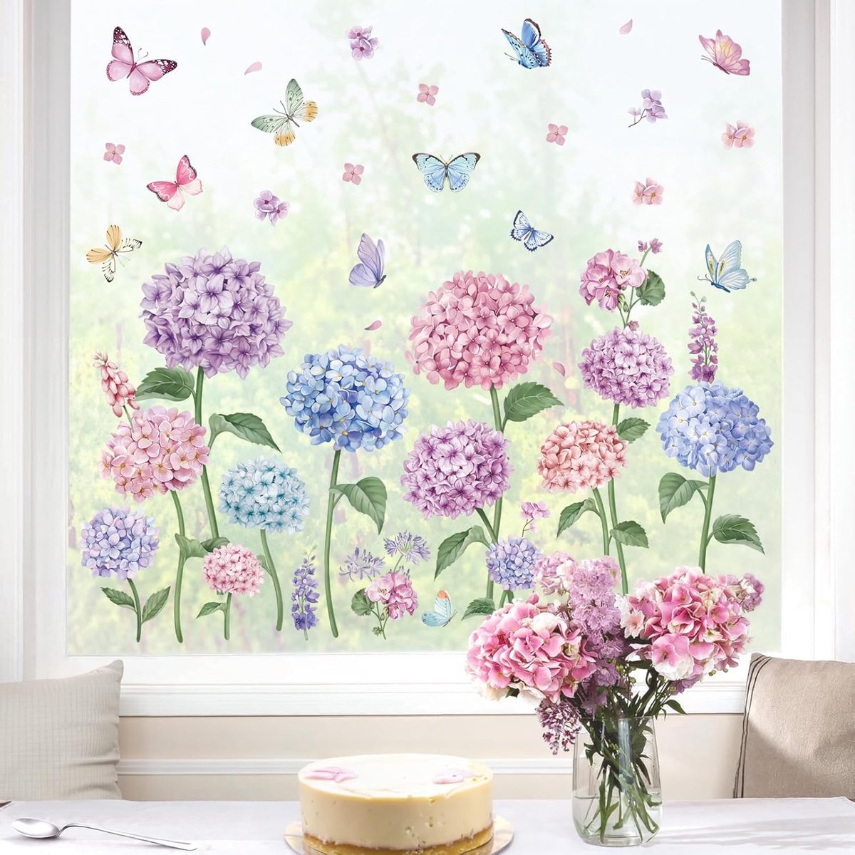 wondever Zomer Paarse Bloem Raamklampt Blauwe Hortensia Bloem Vlinder Glas Sticker Decal Anti-Collision Dubbelzijdige Statische Raamstickers voor Thuis Glasraam