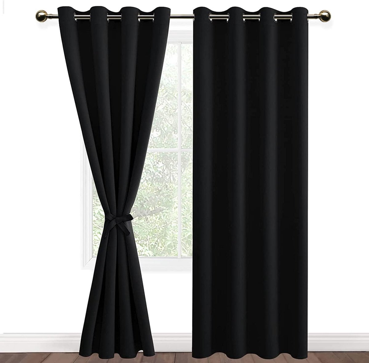 Set van 2 Warmtewerend Gordijnen Ringen voor Slaapkamer en Woonkamer, Verduisteringsgordijn met Oogjes voor Kinderen Kamer Kant en Klaar Luxe, 140x200 cm (B x H), Zwart